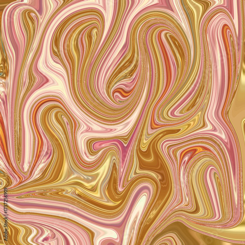 Golden and pink fluid marble swirl abstract with dynamic movement, perfect for artistic backgrounds and modern design concepts.
