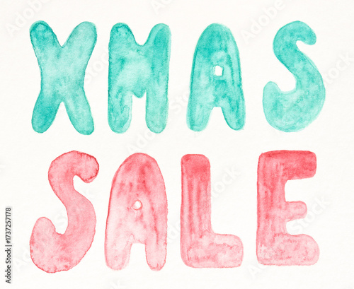 Colorful watercolor christmas sale announcement with decorative hand-painted letters.