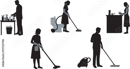 Cleaning activity silhouettes, household chores, mopping, vacuuming, dishwashing, organizing supplies, hygiene routine, black vector icons, domestic work, sanitation task, home care illustration