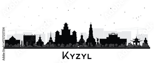 Kyzyl Russia city skyline silhouette with black buildings isolated on white. Kyzyl cityscape with landmarks. Travel and tourism concept with modern and historic architecture.