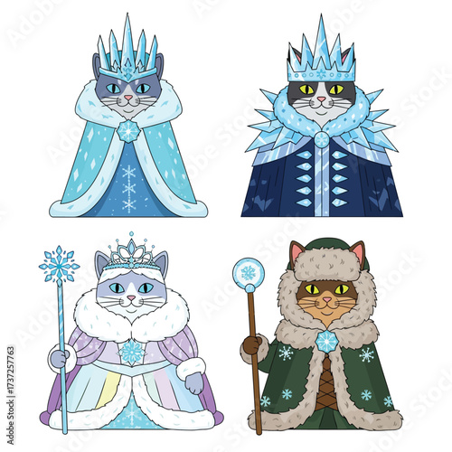 Four cartoon cats dressed as royalty, each with winter-themed attire and accessories.