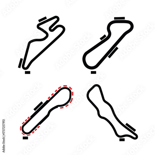 Four stylized race track layouts, each with a unique design and configuration.
