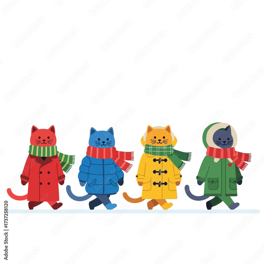 Fototapeta premium Four cartoon cats wearing coats and scarves, walking forward in a line.