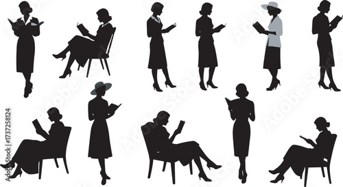 Women reading silhouettes, book lovers, seated and standing poses, leisure activity, education theme, black vector icons, peaceful moment, literary lifestyle illustration