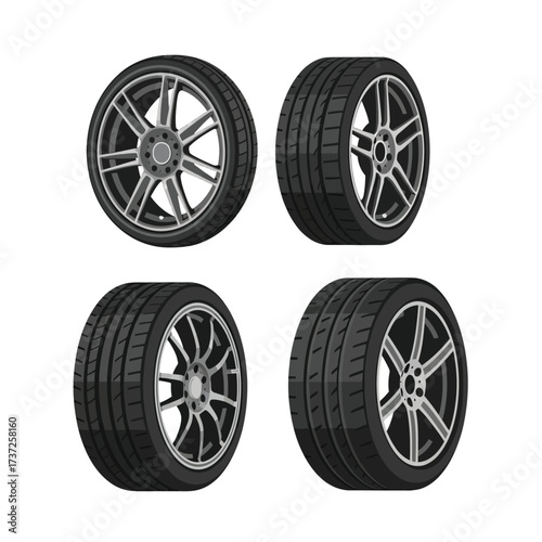 Four car tires with different rim designs are displayed against a white background.
