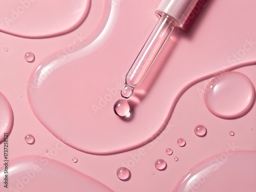 Pink Skincare Serum Dropper with Fluid Droplets and Puddles on Pink Background pipette liquid