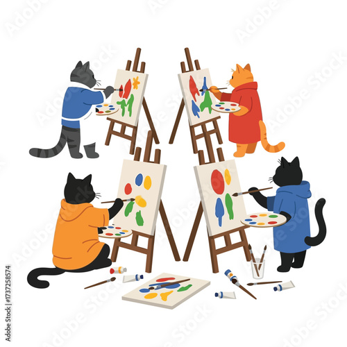 Four cats, each painting on a canvas at an easel, surrounded by art supplies.