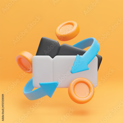 3d cashback coupon icon. Realistic gift voucher, gold coin and blue arrows around. Money refund, discount concept. Vector sign of cash service on yellow background