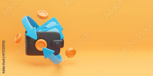 Cashback and money refund 3d banner. Realistic wallet with banknote and gold coins and blue arrows around. Cashback, money or cash refund concept. Vector sign of money transfer and online payment