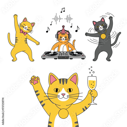Playful cartoon cats enjoying a party, with a DJ, dancing, and champagne.