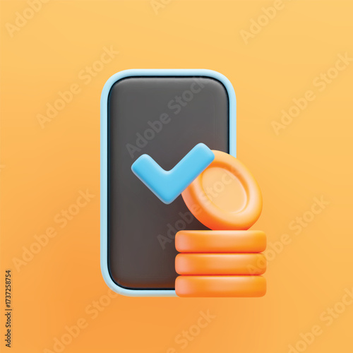3D mobile payment icon. Realistic smartphone, coin stack and check mark. Symbol of successful transaction. Transfer money, online payment, banking concept. Vector illustration on yellow background