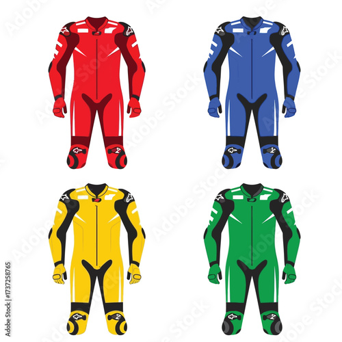 Four vibrant, colorful motorcycle racing suits displayed against a white background.