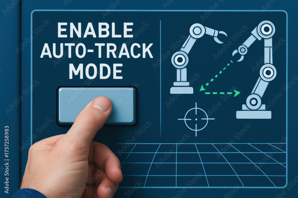 Fototapeta premium Enable auto track mode button pressed for laser tracker in industry automation improving precision and efficiency in robotic arm control system