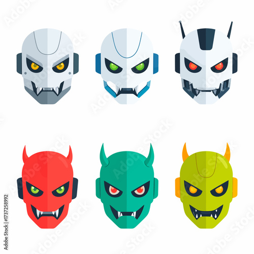 Collection of distinct AI Robot Head Logo designs alongside menacing demon mask icons, featuring stylized vector illustrations for various character and avatar concepts