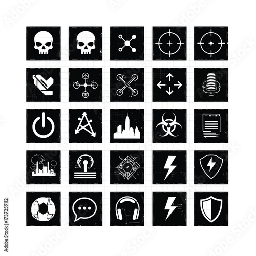 Collection of twenty four white icons on black squares
