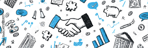 Business sketch pattern with handshake financial graphs piggy bank and buildings representing successful partnership and investment strategy on white background