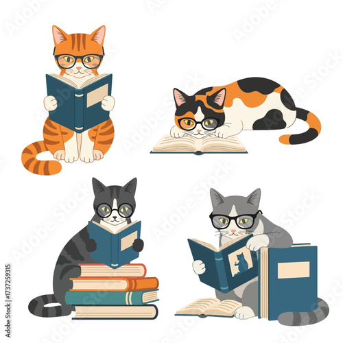 Four cartoon cats, each wearing glasses and engrossed in reading books, in various poses.
