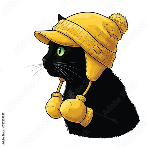 A black cat wearing a bright yellow winter hat and mittens, looking left.