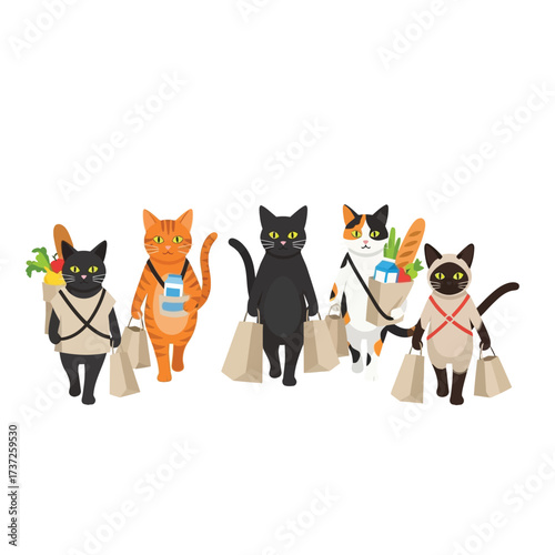Five cartoon cats are depicted carrying groceries and shopping bags, walking.