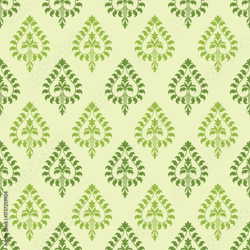 Ornate vintage floral design in shades of green on a pale background, repeating symmetrically.