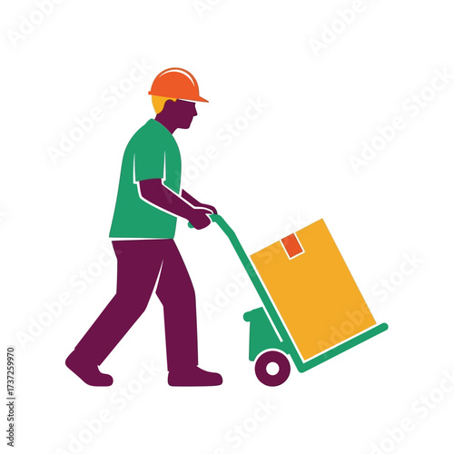 Vibrant illustration of a dedicated worker in a safety helmet, efficiently pushing a package on a hand truck, symbolizing professional moving services, logistics, and diligent labor