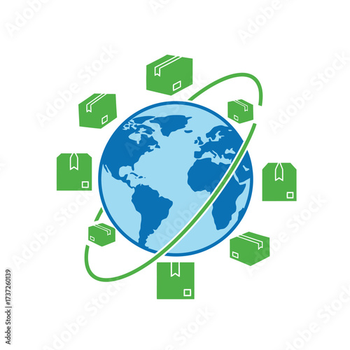 A graphic depicting global shipping, with the Earth surrounded by delivery boxes.