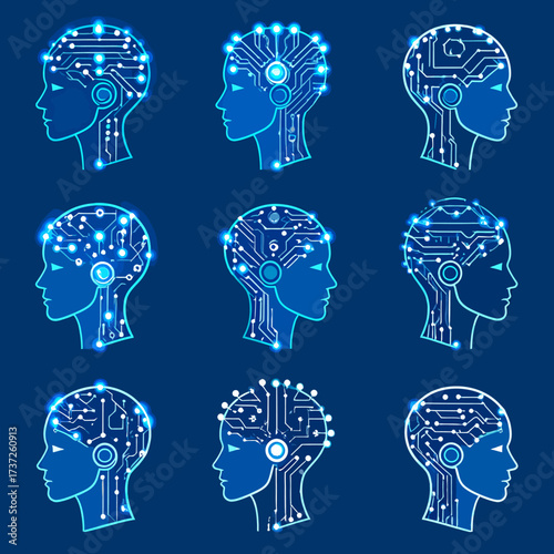 Collection of AI Robot Head Logo designs with glowing circuit board brains for technology and innovation concepts