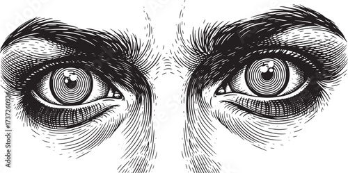 Black and White Engraved Style Close-up of Human Eyes Keywords: eyes, human, close-up, black and