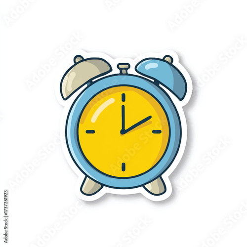 Cartoon Style Blue and Yellow Alarm Clock Sticker for Time Management Concepts and Morning Wake Up Calls
