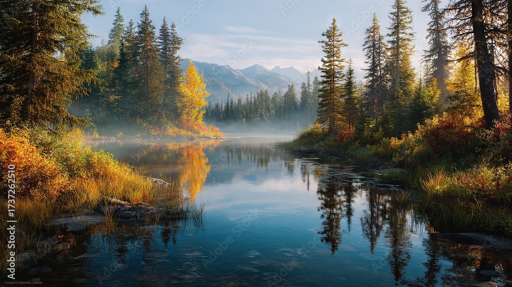 Fototapeta premium Serene Canadian lake wide shot with autumn forest and misty sunrise, tranquil reflections ideal for seasonal, travel, or landscape photography