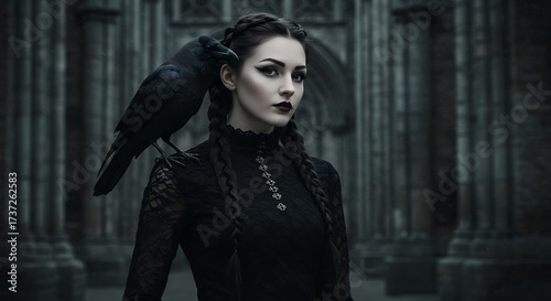 Gothic Woman with Raven on Shoulder in Dark Architectural Setting