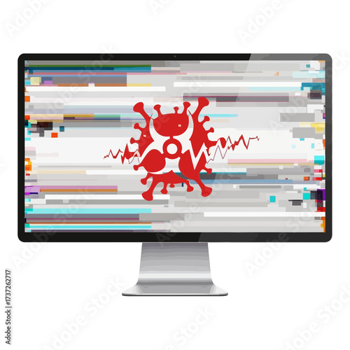 Computer screen displaying a glitch effect with a red virus symbol isolated on white background
