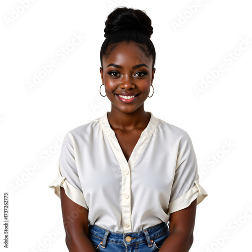 Portrait of a smiling woman in casual attire studio setting photography bright environment close-up view confidence and style