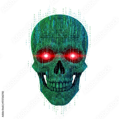 Green binary code skull with glowing red eyes isolated on white background