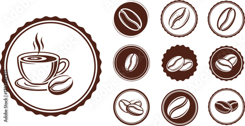 Cup of Steaming Coffee with Beans and Coffee Bean Icons Collection in Brown and White