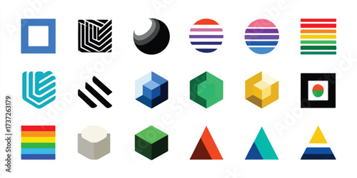 Collection of abstract geometric shapes in vibrant colors for logo design and branding creation