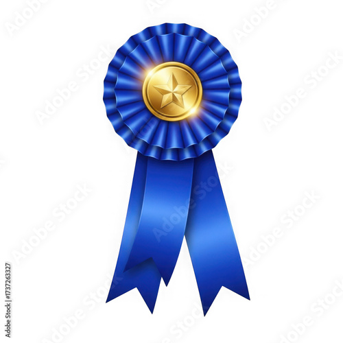 3d blue award ribbon with gold center isolated on transparent background