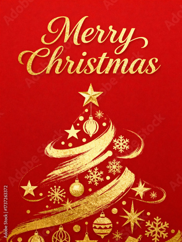 Golden Christmas tree and Merry Christmas text on red background