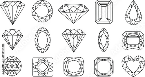 Diamond Cut Shapes Set, Faceted Gemstone Outline Collection on Transparent Background