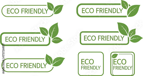 Eco Friendly Green Badges with Leaves Illustrations on White Background