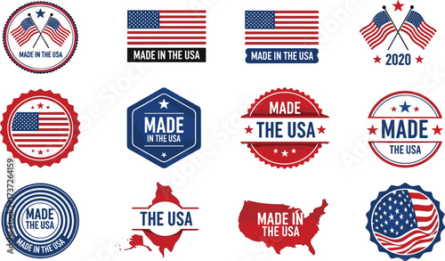 Made in USA badge logo collection with American flag, patriotic emblem, map, stars, labels, vector design for branding, product identity
