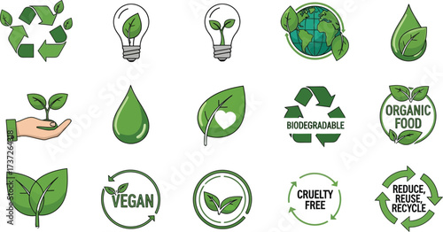 Eco Friendly Green Icons Set with Organic Food Vegan Recycle Cruelty Free Symbols