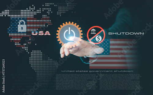 Government shutdown concept with American flag and dollar symbolizing USA budget crisis, federal funding freeze, economic uncertainty, political conflict, and financial impact on services.