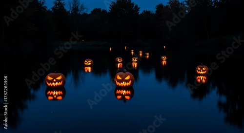 Eerie Jack-O'-Lanterns Floating on Water at Night with Reflections
