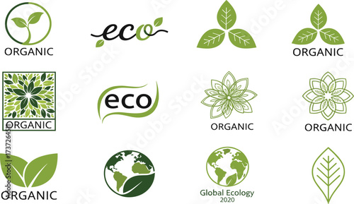 Organic eco logo collection with green leaf, nature, earth, floral design, sustainable environment, ecology symbol for branding and business