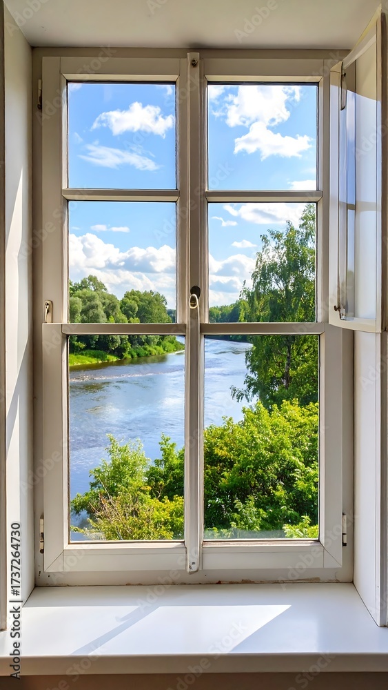Fototapeta premium Sunny river view from a white window