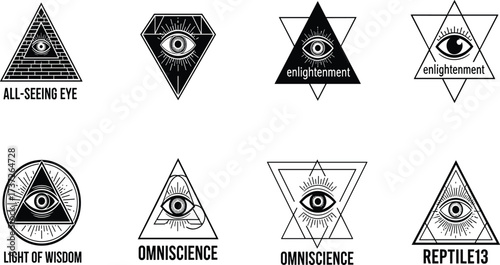 All-seeing eye logo design, mystical symbol illustration, occult pyramid emblem, sacred geometry vector, enlightenment sign, esoteric knowledge graphic