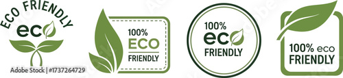 Eco Friendly Green Leaf Logo Set Emblems 100% Natural on a White Background Isolated