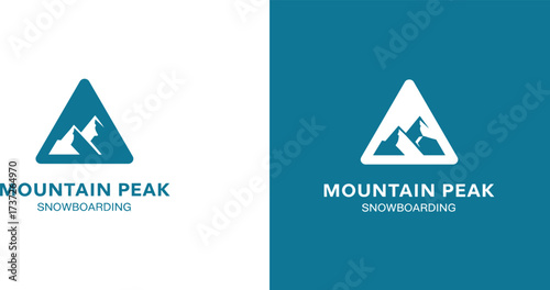 Mountain peak snowboarding logo design, adventure sport emblem, outdoor winter symbol, extreme sports badge, alpine climbing icon, travel branding