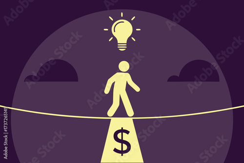 Stick figure walking on a tightrope over a dollar sign with a lightbulb money